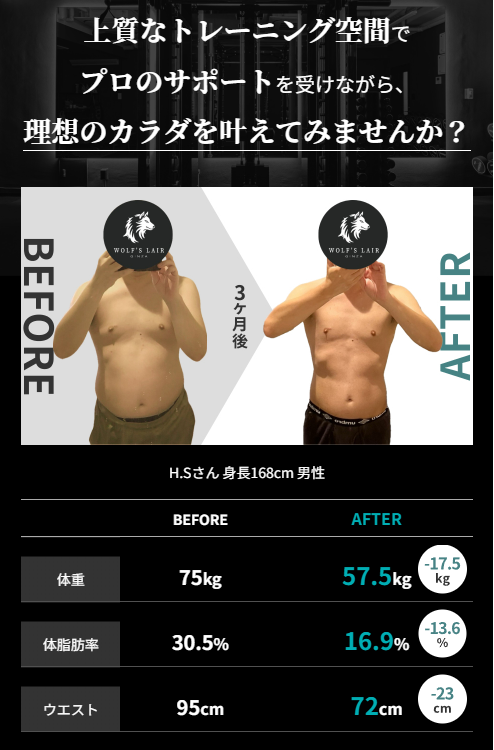 ダイエット実績HS様3か月のbefore after 体重-17.5kg 体脂肪 -13.6% ウエスト -23cm